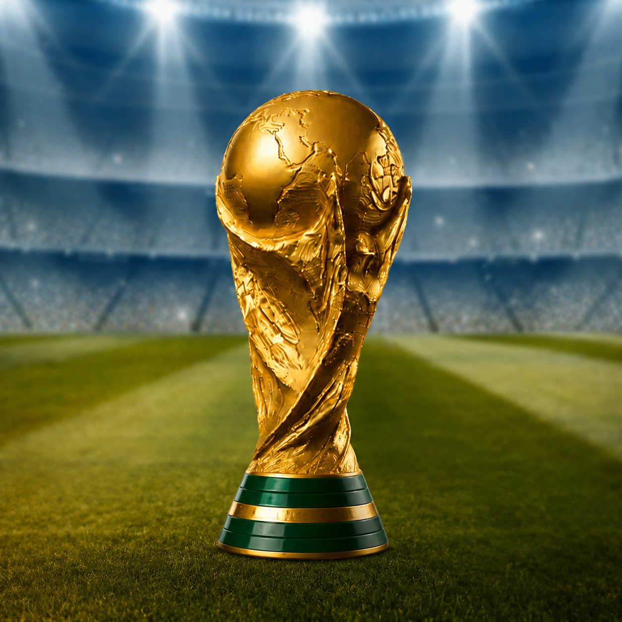 Sheldon holding the FIFA World Cup trophy inside a stadium